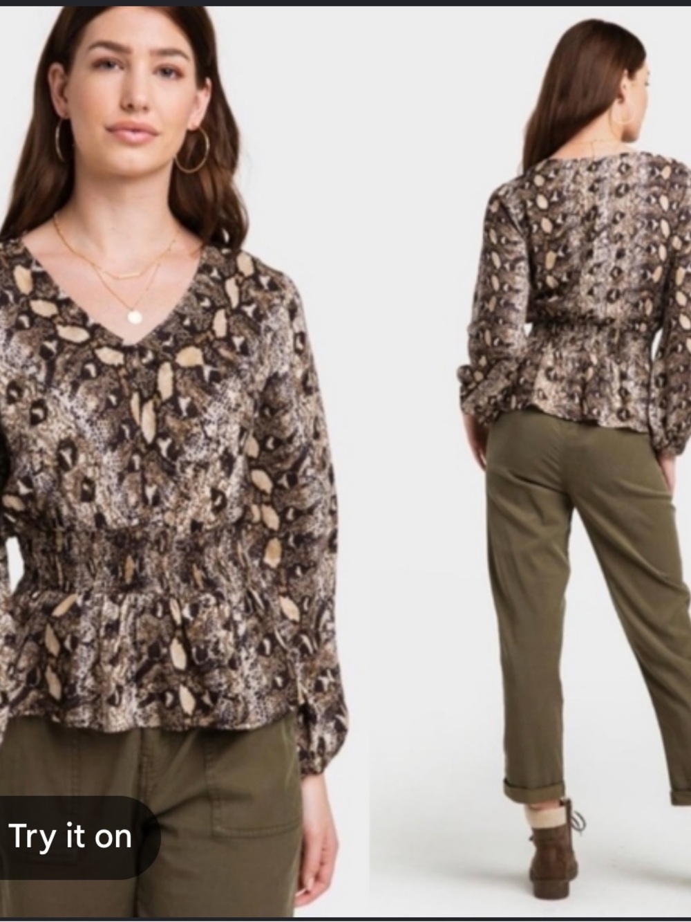 Gypsy Love | 100% rayon smocked waist long sleeve animal print blouse size med